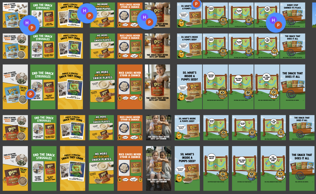 A month of static ad concepts and iterations in review, with team feedback markers