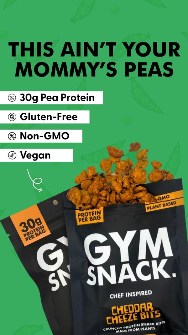 Gym Snack ad - This Ain't Your Mommy's Peas with Cheddar Cheeze Bits